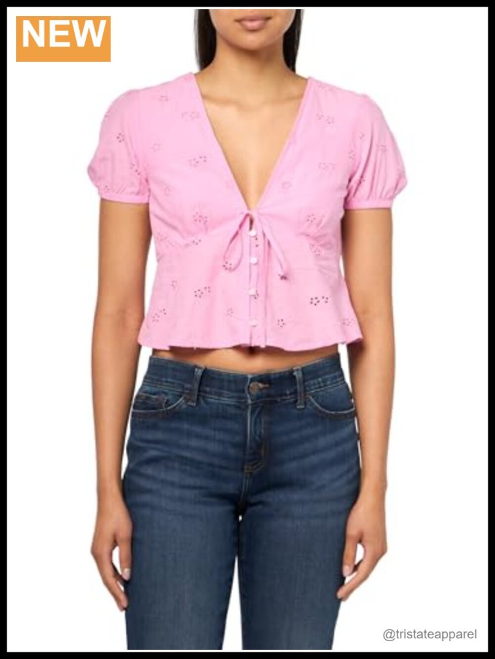 Women's Cotton Blouse with Front Tie Eyelet Detail